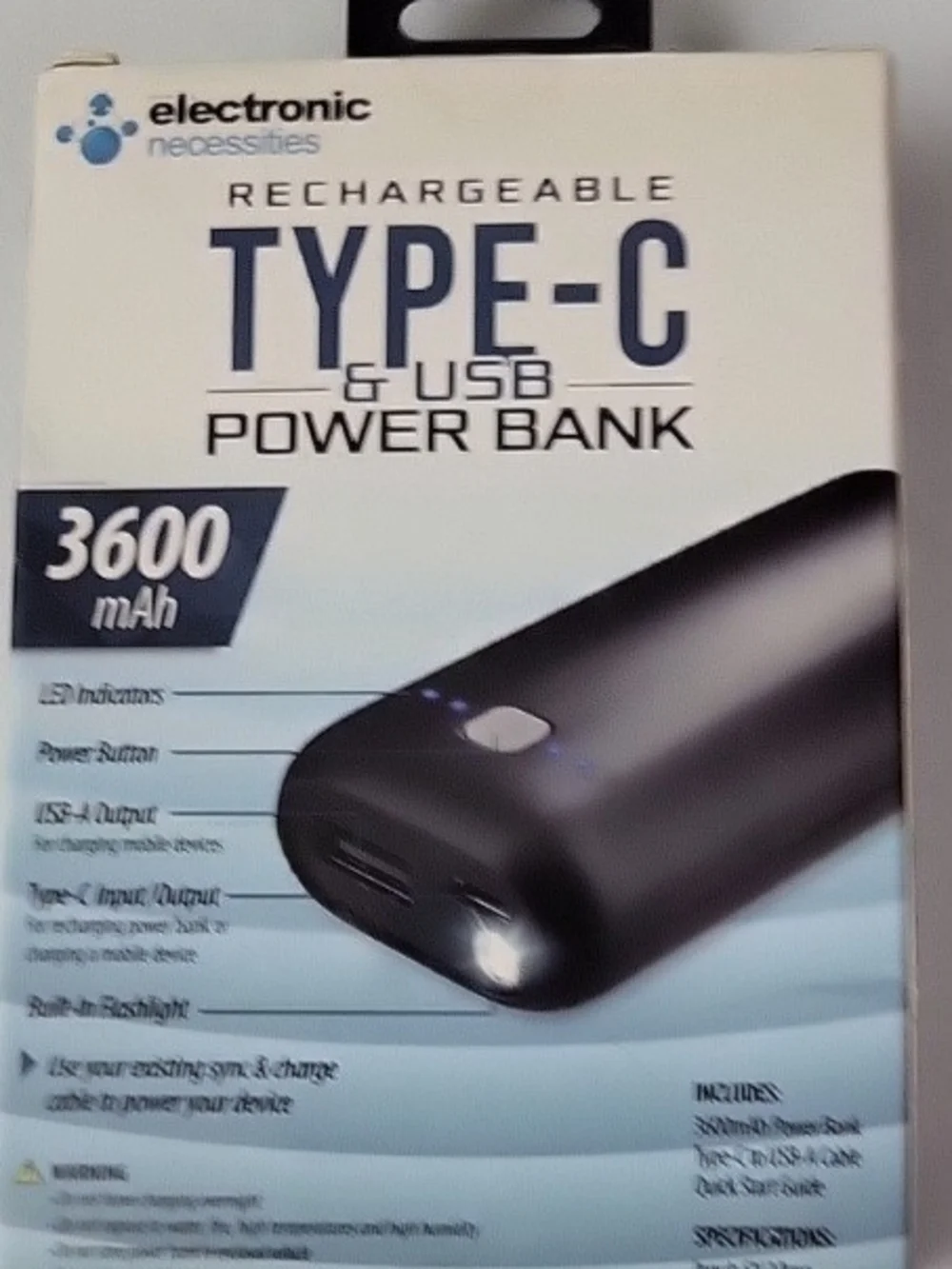 Type-C & USB Power Bank 3600mAh - Black